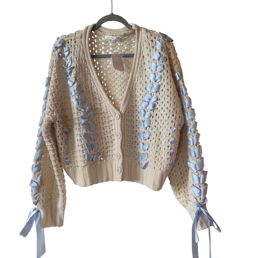 Altar'd State Womens Small Ivory Crochet Ribbon Cardigan Blue Bows Cottage NWT S